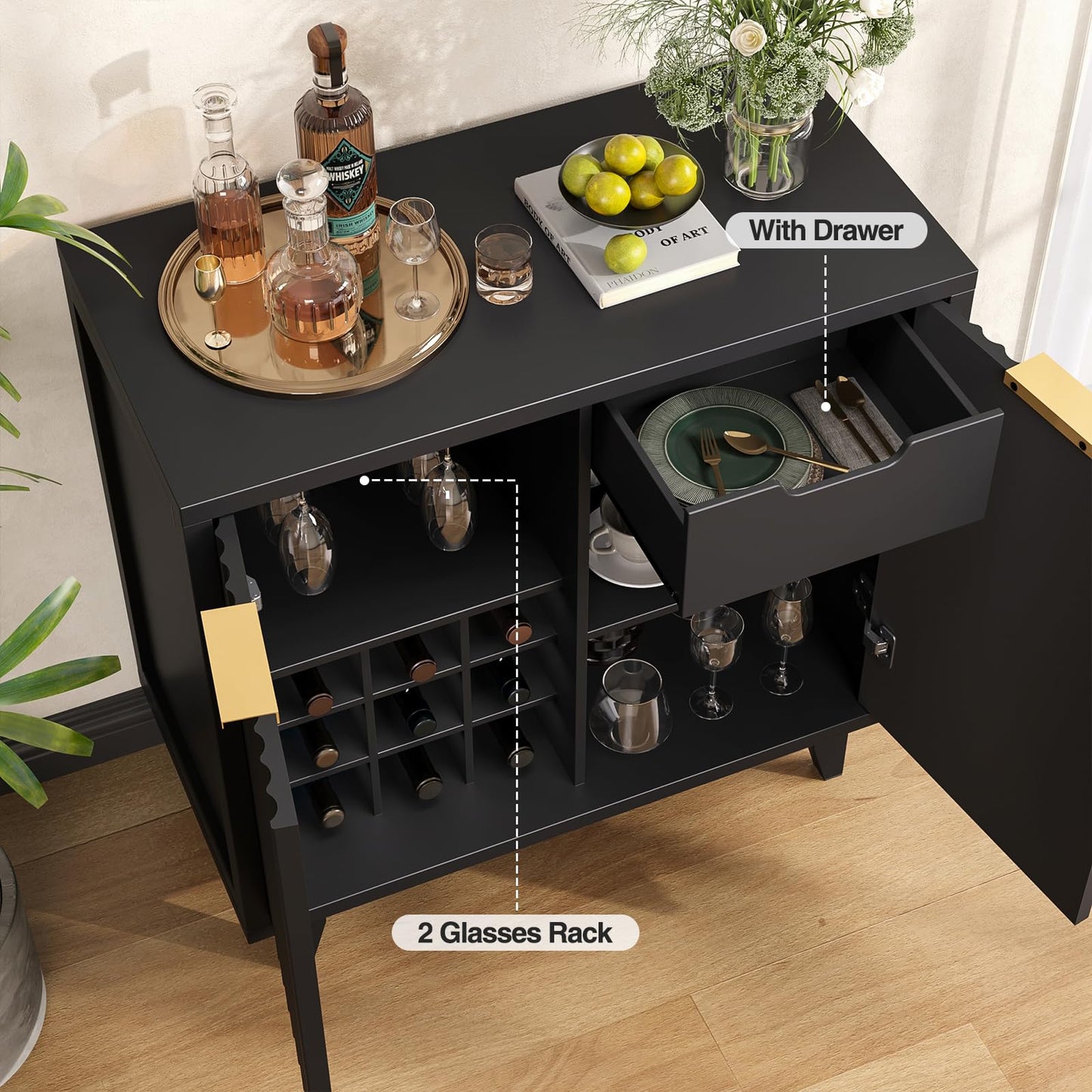 Modern Fluted Coffee Bar Cabinet with Removable Wine Rack and Adjustable Shelf, Solid Wood Legs, Multi-Functional Sideboard Buffet for Kitchen, Dining Room, Living Room, Entryway, Black