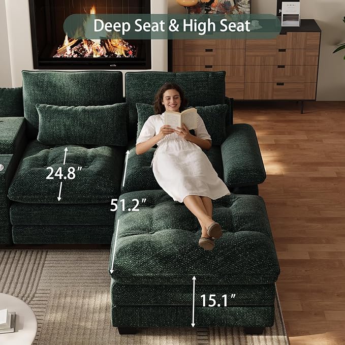 BEQAI 134"U Shaped Sectional Couches for Living Room, Oversized Modular Sectional Fluffy Couch with 2 Ottoman & Storage Console,Modern 6 Seat Living Room Sofa with Glitter Fabric,Tufted Buttons, Green