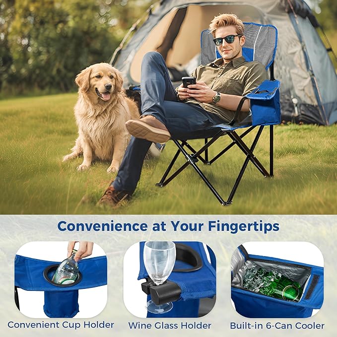 Matrasco Oversized Padded Camping Chair, Heavy-Duty Steel Frame for 450 lbs Supports, Convenient 6-Can Cooler, Portable Carry Bag, Perfect for Outdoor, Beach, and Hiking (Gray & Sapphire Blue)