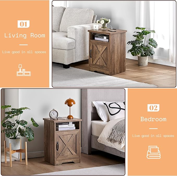 AMERLIFE 3-Piece Farmhouse Table Set Includes Coffee Table& Two End Tables, Side Table with Charging Station and USB Ports, for Living Room, Barnwood