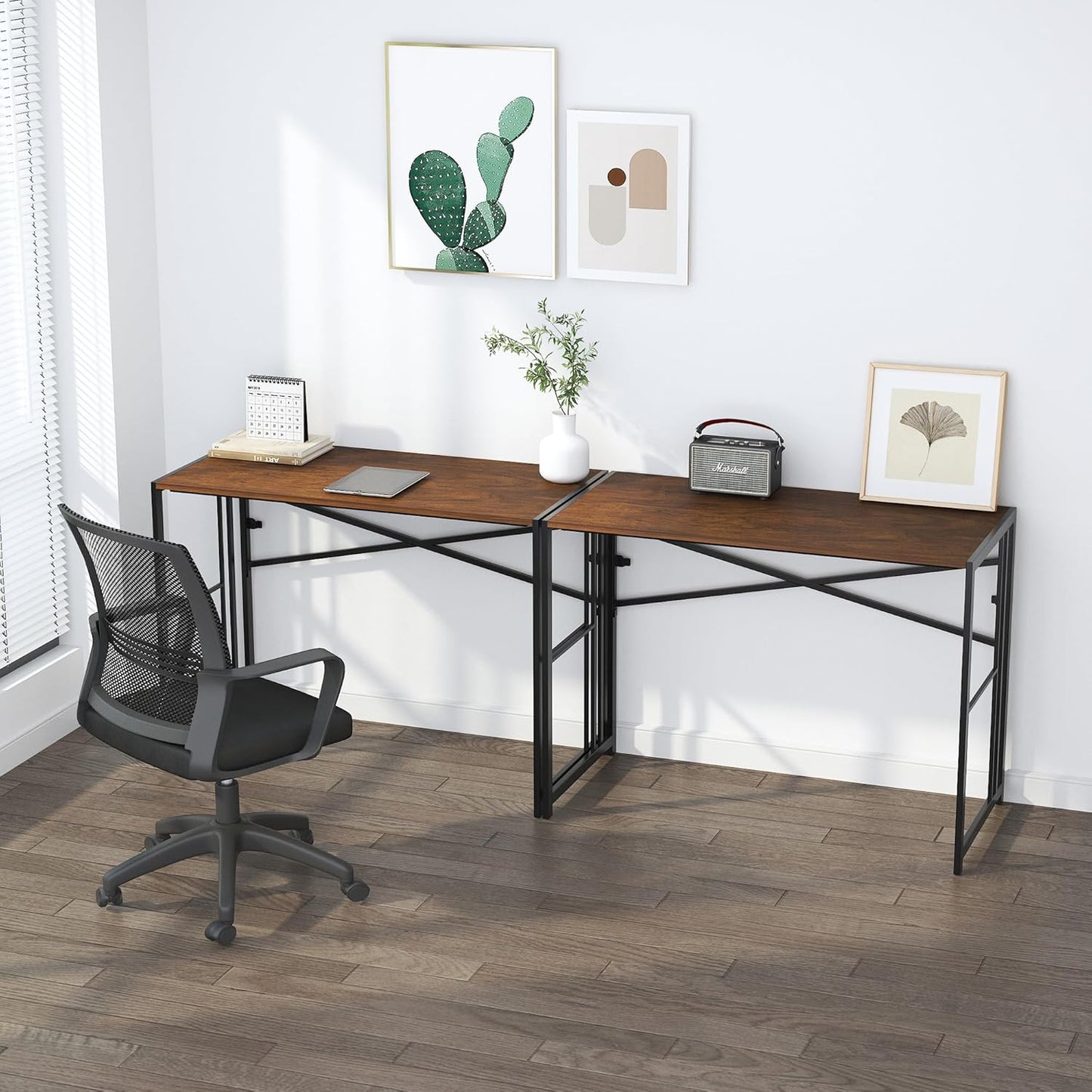 35 inch Folding Small Desk, Writing Gaming Computer Camping Desk for Small Spaces, No Assembly Required Home Office Table, Mahogany