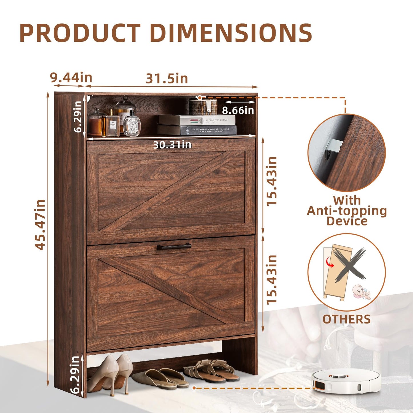 RWYHG Shoe Storage Cabinet with 2 Flip Drawers,Farmhouse Narrow Shoe Organizer with Legs,Freestanding Hidden Slim Shoe Rack Cabinet with Open Storage for Entryway,Hallway, Foyer, Rustic Brown
