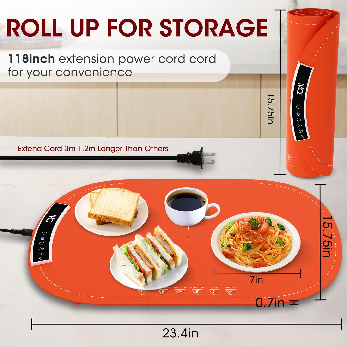 MQ Food Warming Mat, Electric Warming Tray with 7 Temp & 1-6H Timer to Keep Food Warm at Party, 5s Fast Heating Silicone Surface, Rollable & Portable Heating Pad for Food at Buffet and Family, Orange