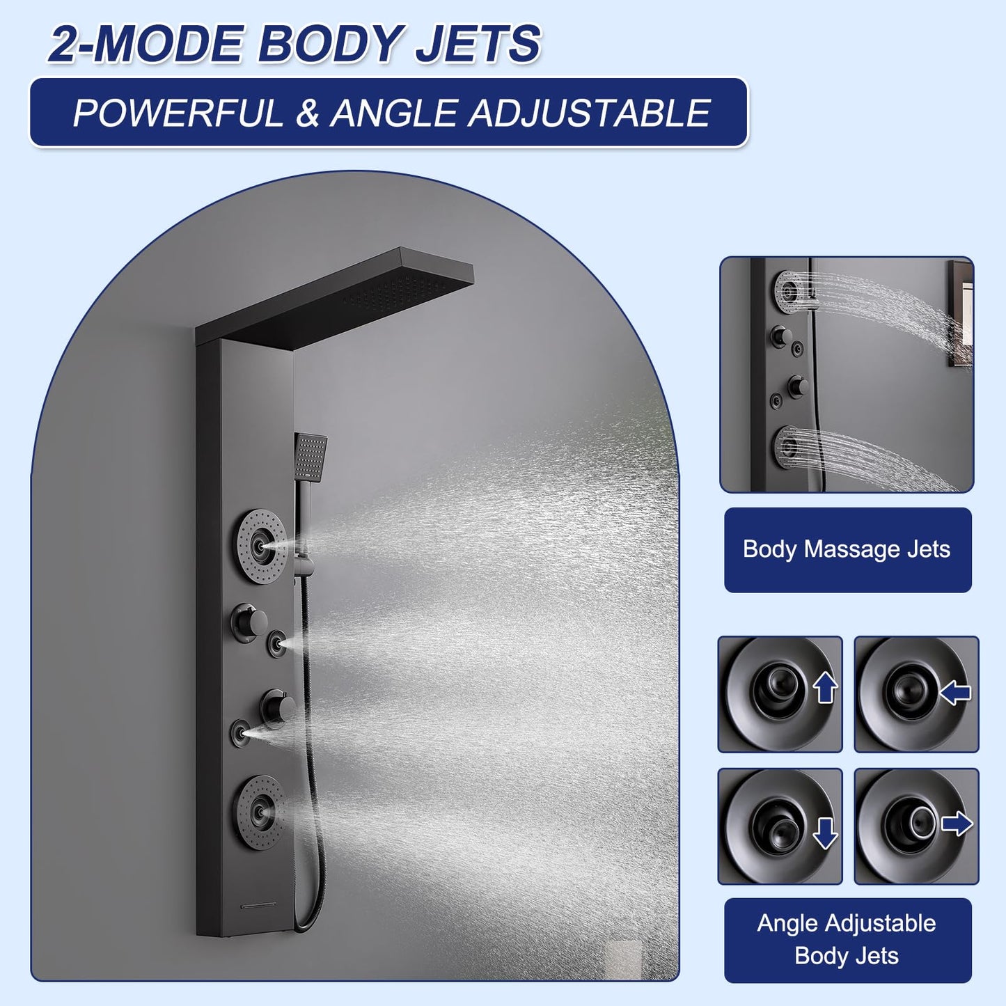ROVATE Shower Panel Tower System with Rainfall Shower, Elegant Matte Black Shower Tower with Powerful Body Massage Jets, Handheld and Tub Spout, Stainless Steel Shower Column High Pressure