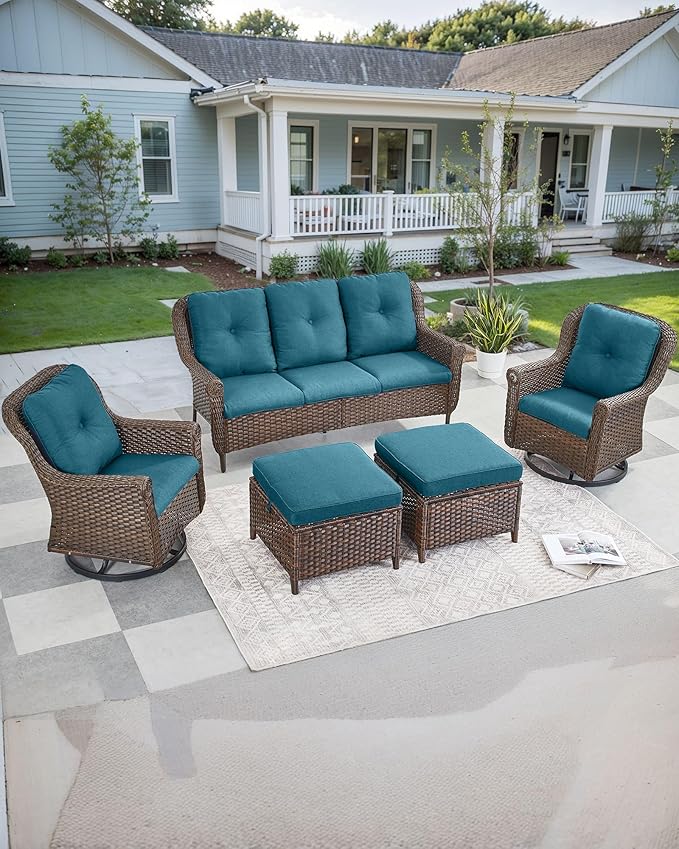 ACTREST Patio Couch Outdoor Wicker Sofa - Heavy Duty All-Weather Brown Rattan 3-Seater with High Back and Comfortable Thick Cushions for Garden Back Porch Poolside Apartment - Peacock Blue