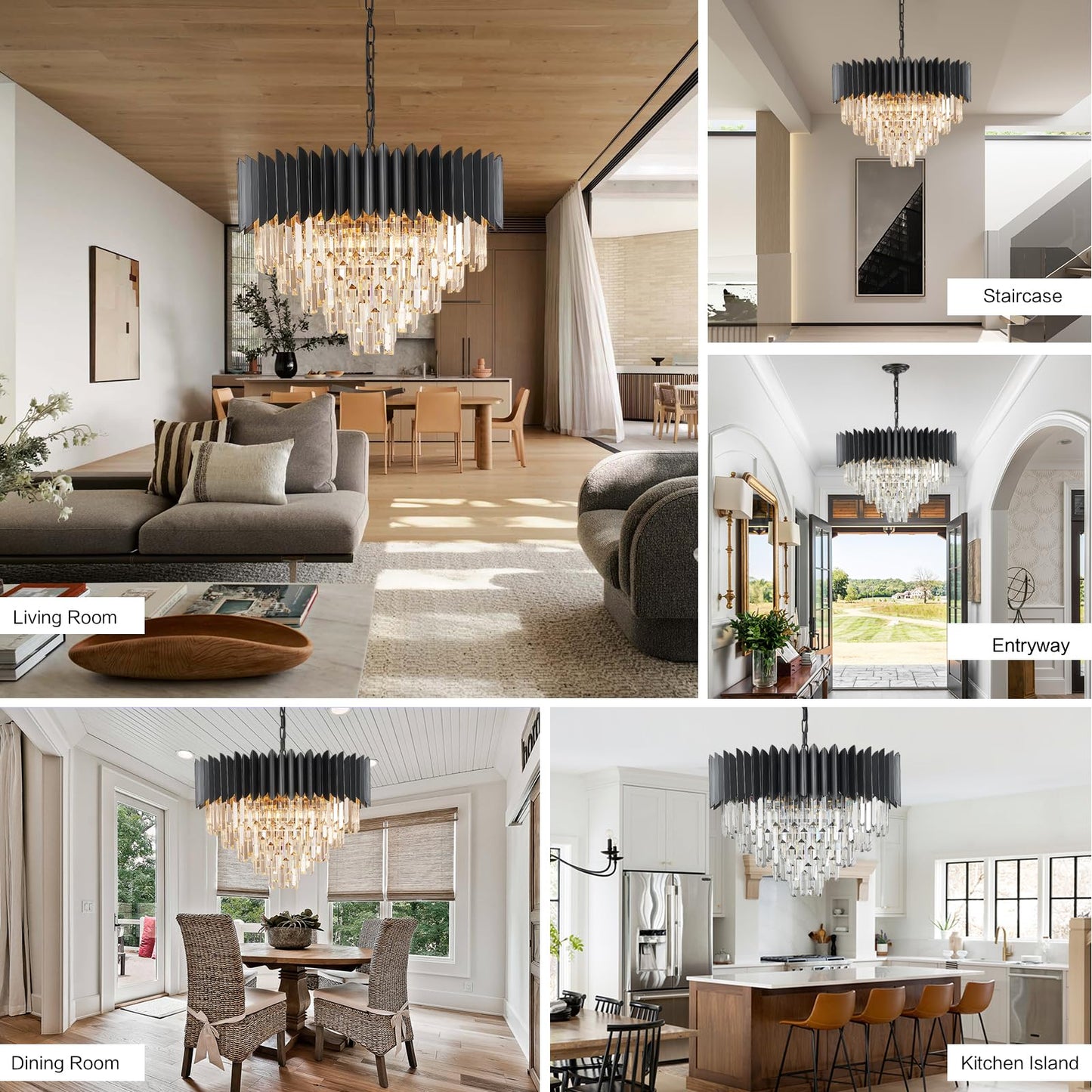 YOLIZUOT Black Crystal Chandelier 24'' K9 Crystal Round Pendant Lights Adjustable 5-Tier Large Modern Crystal Chandelier Light 10-Lights for Dining Room Living Room Kitchen Foyer Entryway