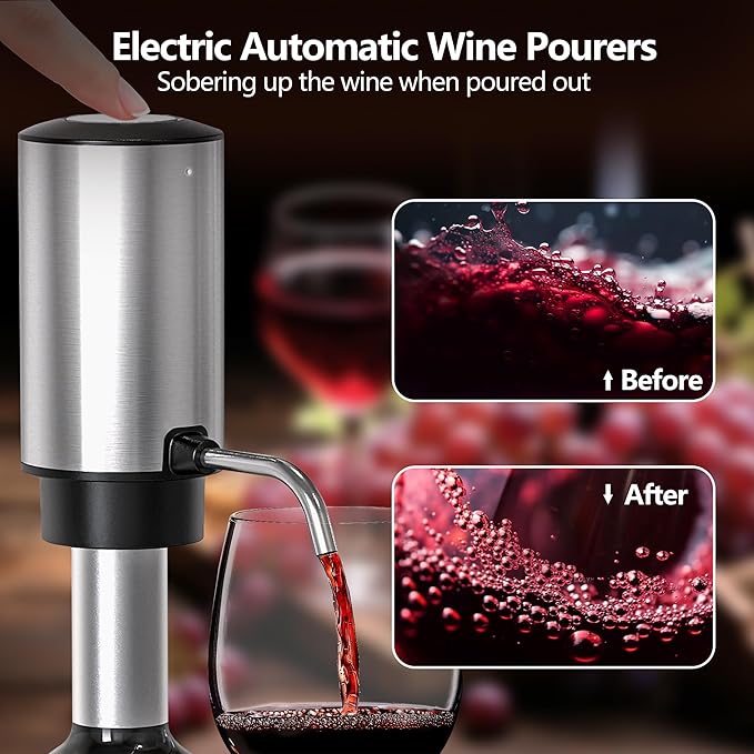 Electric Wine Aerator Wine Decanter Set Rechargeable Automatic Wine Dispenser Wine Pourer with Storage Base, Wine Stopper, Foil Cutter, Retractable Food Grade Stainless Steel Straw