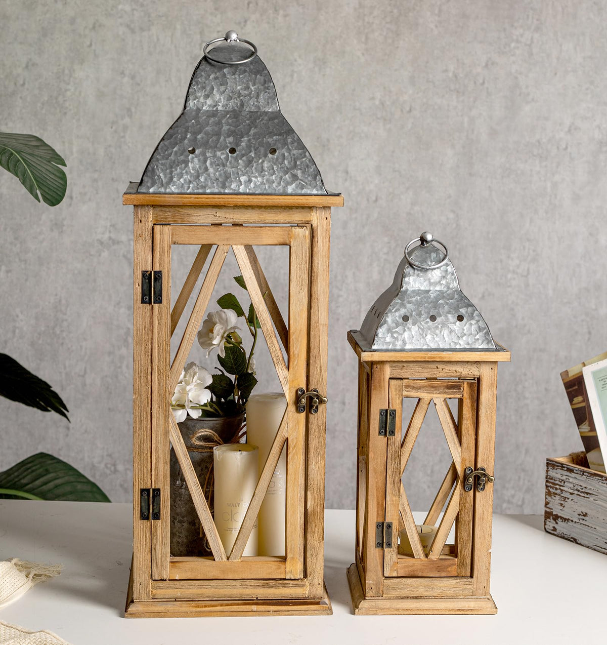 Large Farmhouse Wooden Metal Lantern Set of 2, Rustic Decorative Floor Candle Lanterns, Indoor/Outdoor Hanging Lanterns for Home Decor (No Glass)