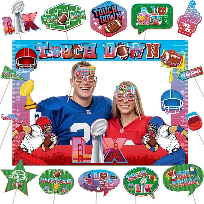 Super Football Party Decorations 2026 Photo Booth Props Set Include 1 Photo Booth Frame and 16 Photo Props Touch Down Supe...