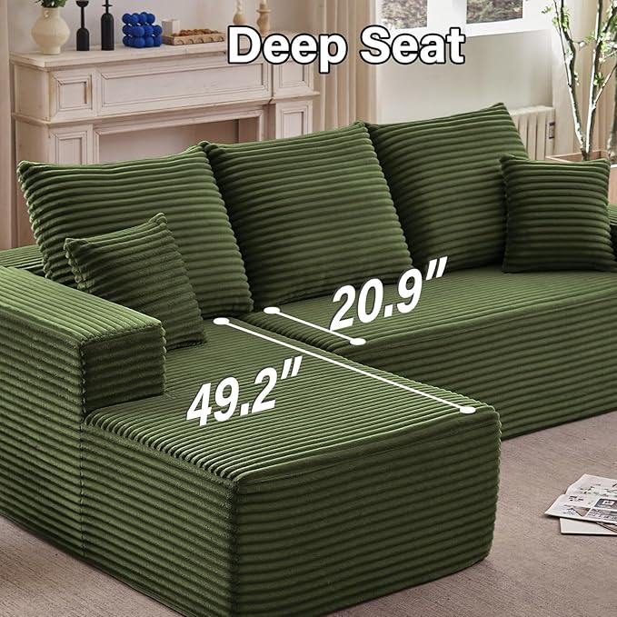 107" W Cloud Sectional Couch with L-Shape Chaise, Modern Corduroy Boneless Couch for Living Room,Memory Foam Sofa with Deep Seat,No Assembly Required (Green,Left-Facing Chaise)