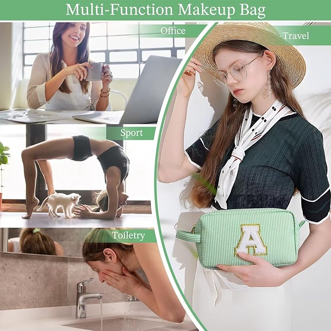 YOOLIFE Initial Makeup Bag - Personalized Monogram Cute Green Makeup Bag Cosmetic Travel Toiletry Pouch Make Up Case for Women Mom Best Friend Bridesmaid Sister Teacher, Birthday Gifts for Women Her H