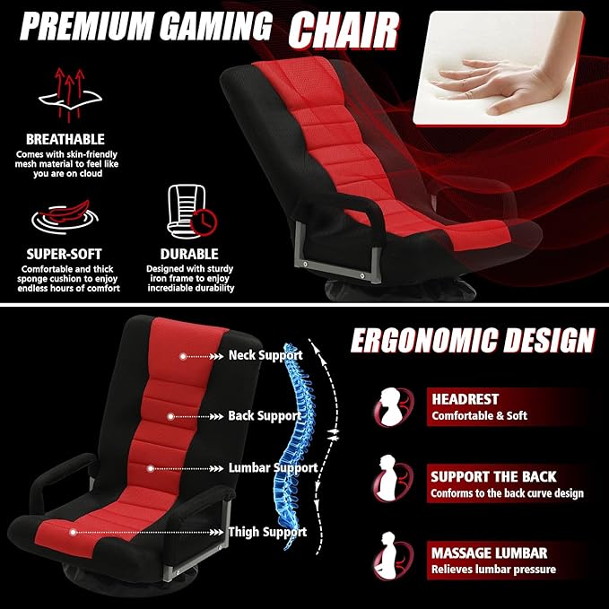 ACIPENSER Swivel Gaming Chair Multipurpose 2PACK Floor Gaming Chair for Playing Video Games, TV, Reading w/Armrest Lumbar Support & 6 Adjustable Postion Backrest for Adults & Kids,Red