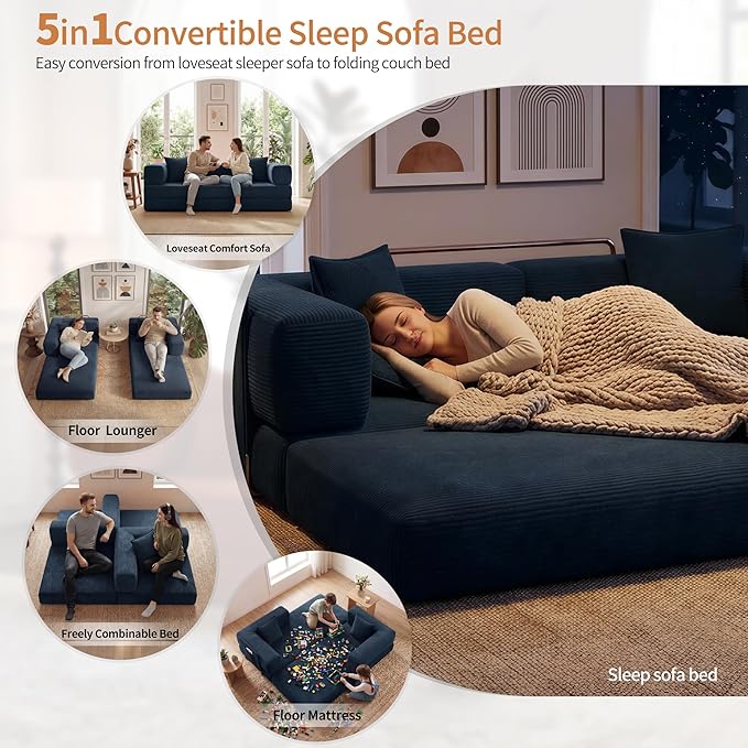 Fancyfire 78.8" Convertible Sofa Bed with Armrest Pillow,4-in-1 Sleeper Couch Bed for Livingroom,Modular Corduroy Boneless couches,No Assembly (Blue)