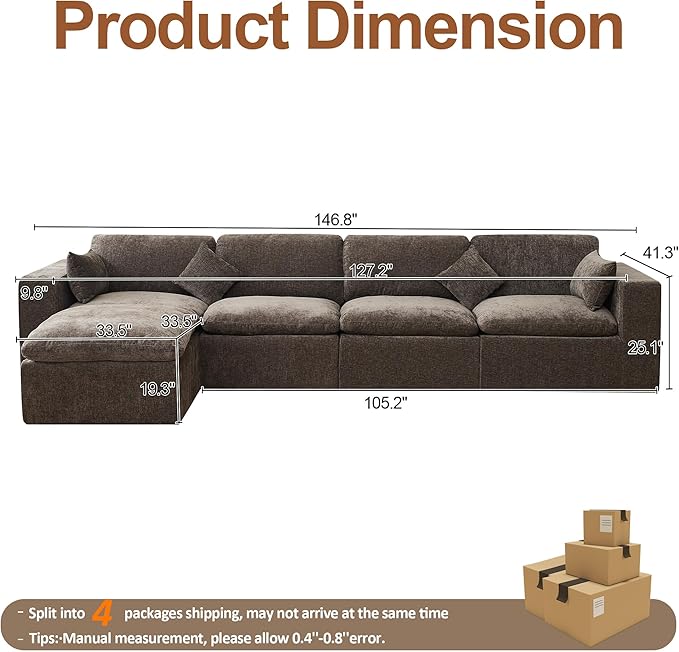 155''Cloud Boneless Sectional Couch, Modular Sectional Sofa Deep Seat with Ottoman, Oversized Upholstered Convertible Comfy 5 Seater Chenille Sofa L Shape Couches for Living Room, Brown