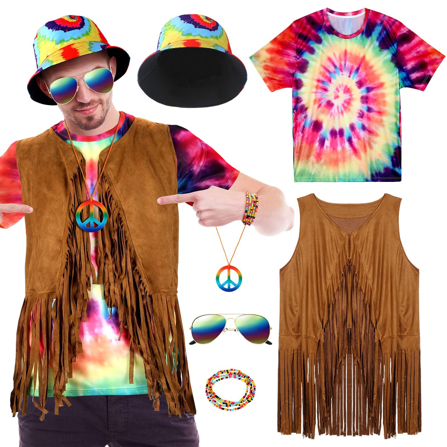 Mepase 6 Pcs 60s 70s Hippie Costume Tie Dye T Shirt Fringed Vest Peace Sign Necklace String Beads Bracelet Hat Sunglasses (Large)