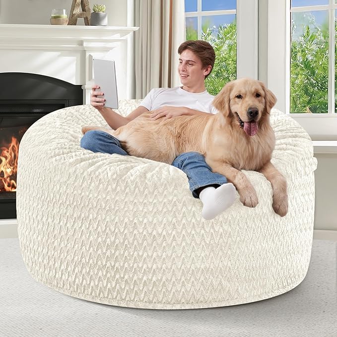 HABUTWAY 4FT Bean Bag Chair,Giant Bean Bag Chairs for Adults,Big Bean Bags with Memory Foam Filled, Large Beanbag Chairs with Chevron Plush Cover-White
