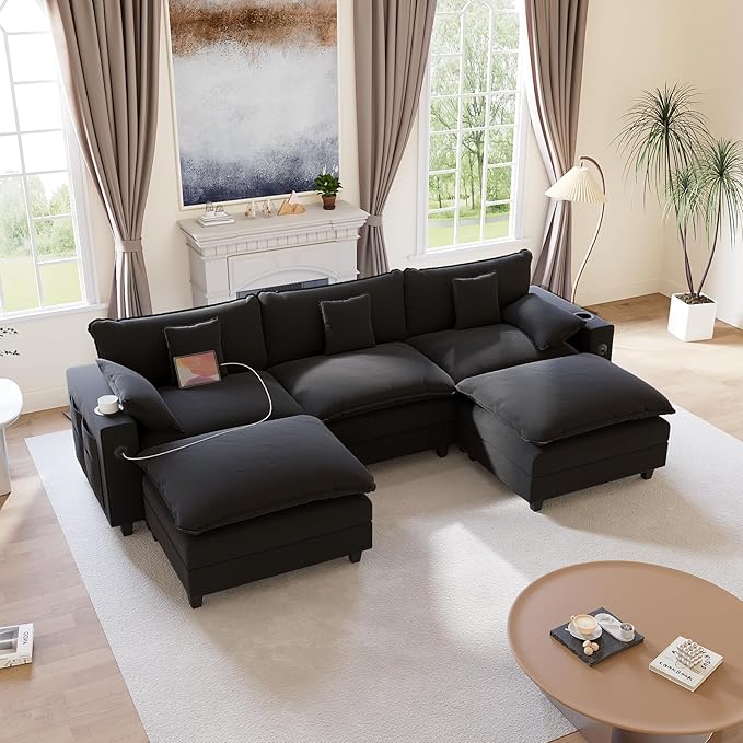 KCGKCG 116" Modular Sectional Sofa, U Shaped Cloud Couch with Movable Ottoman, Chenille Deep Seat Cloud Sofa with Charging Station, Cup Holder, Side Pocket, Sectional Couches for Living Room, Black
