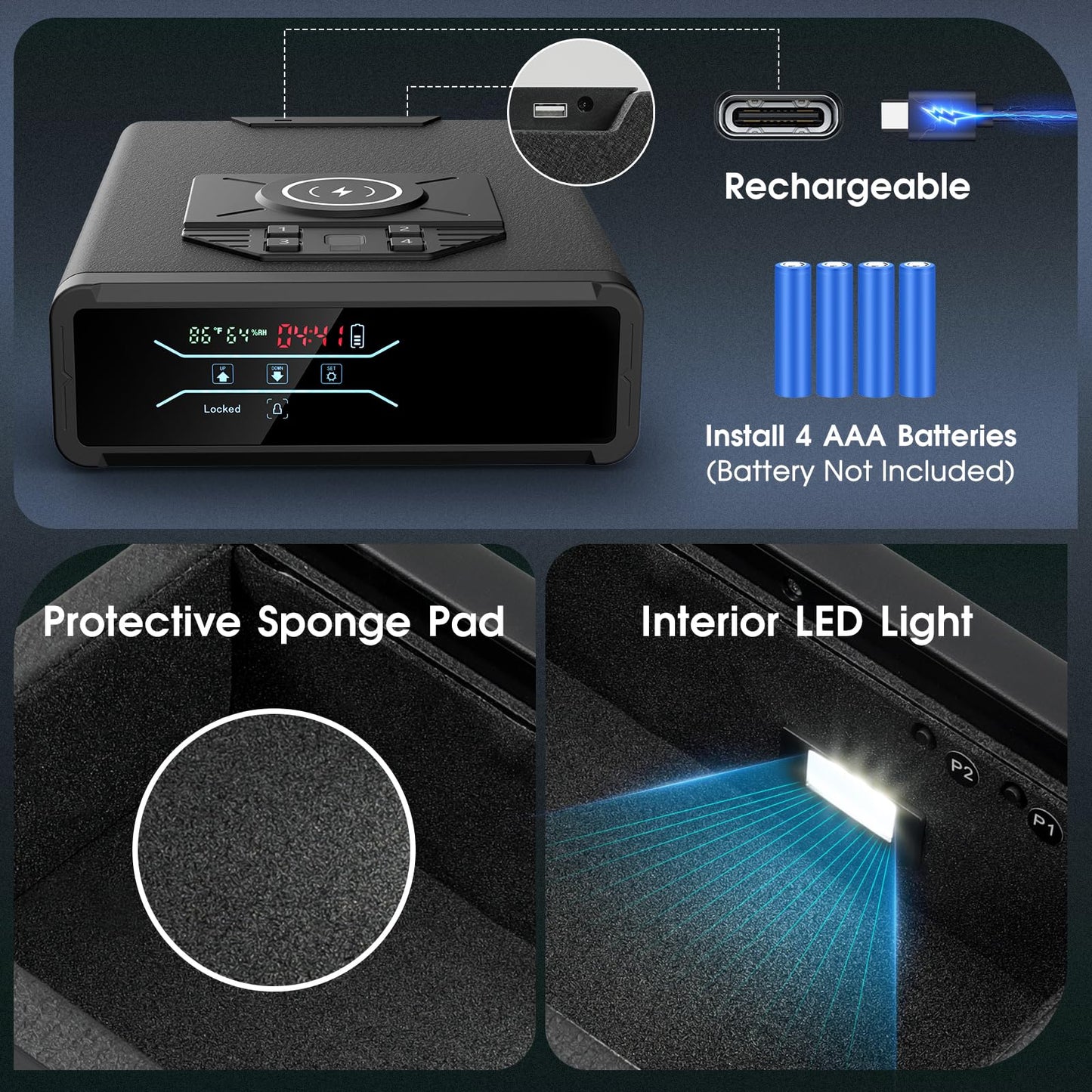 Gun Safe for Handgun Pistol Case - Biometric Quick Access Pistol Safe with Wireless Charging for Watch & Phone, 3-in-1 Fingerprint Keypad Key Lock Gun Box for Home Nightstand Bedside