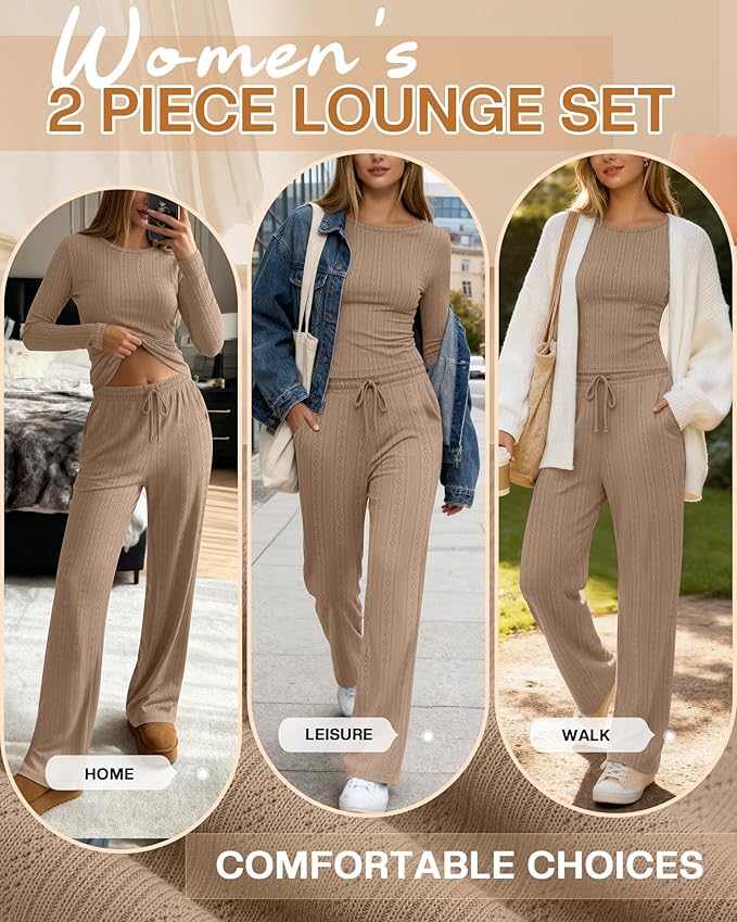Evervibe Women's 2 Piece Lounge Set Long Sleeve Crew Neck Top Drawstring Wide Leg Pants Casual Tracksuit Matching Set