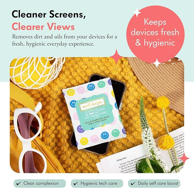 Well-Kept Tech & Lens Wipes - Eyeglass, Screen & Phone Cleaning, Multi-Surface, Lint-Free, Pre Moistened, Streak-Free & Non Scratching - All Smiles, 6 Pack (90 Count)