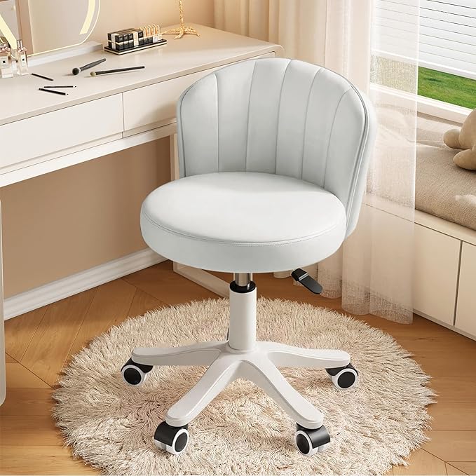 Small Round Rolling Desk Chair Armless Comfy Vanity Computer Chair with Low Backrest PU Leather Height Adjustable Swivel Work Spa Chair