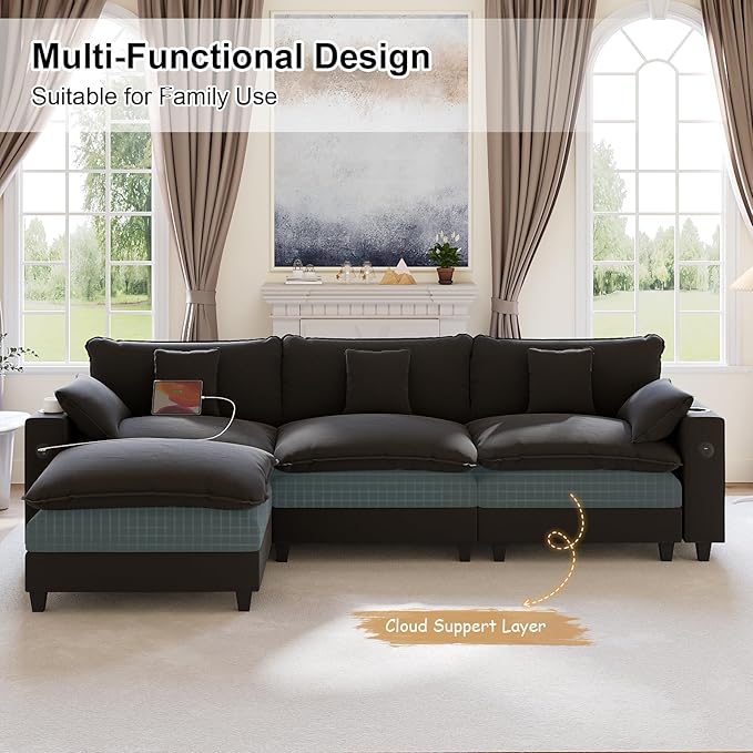 KCGKCG 116" Modular Sectional Sofa, L Shaped Cloud Couch with Movable Ottoman, Chenille Deep Seat Cloud Sofa with Charging Station, Cup Holder, Side Pocket, Sectional Couches for Living Room, Black
