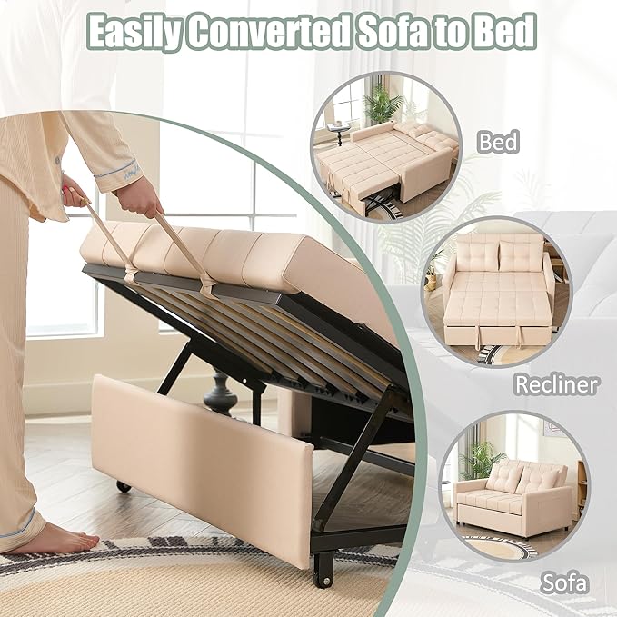 GOSUHI 52" Sleeper Sofa with Pull-Out Bed, 3-in-1 Convertible Sofa Bed, Loveseat with Stepless Adjustable Backrest and Side Pocket, for Living Room Dorm Apartment, Linen, Beige