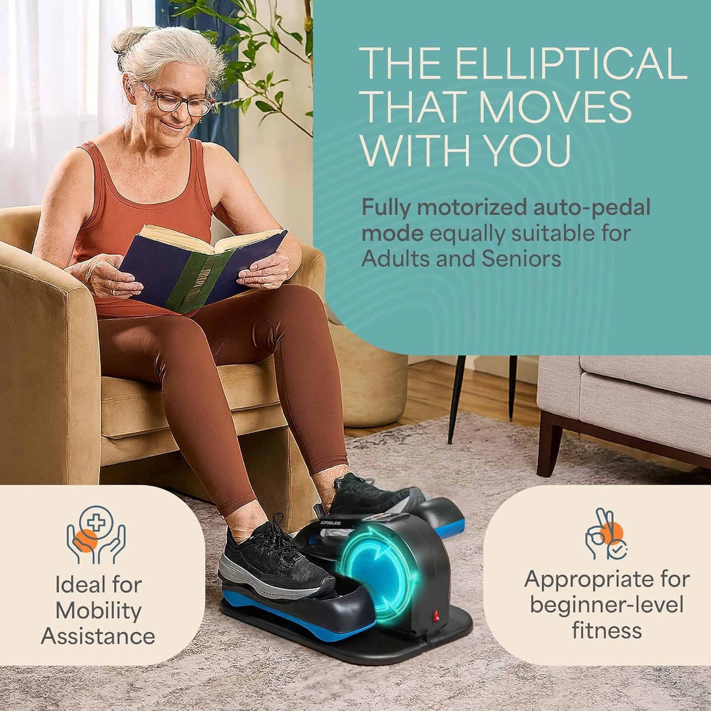 Lifepro AutoGlide Under Desk Elliptical Exercise Machine – Quiet Elliptical Machine for Home or Office – Portable Leg Exerciser While Sitting – Seated Pedal Exerciser for Seniors & Adults