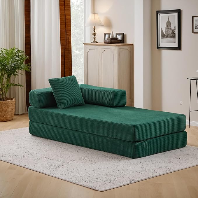 Convertible Couch Sofa Bed Foldable Floor Sleeper | Modern Fold Out Couch | Removable Backrest & Armrests | No Assembly Compression Sofa Sleeper for Living Room, Bedroom | Corduroy Fabric Green