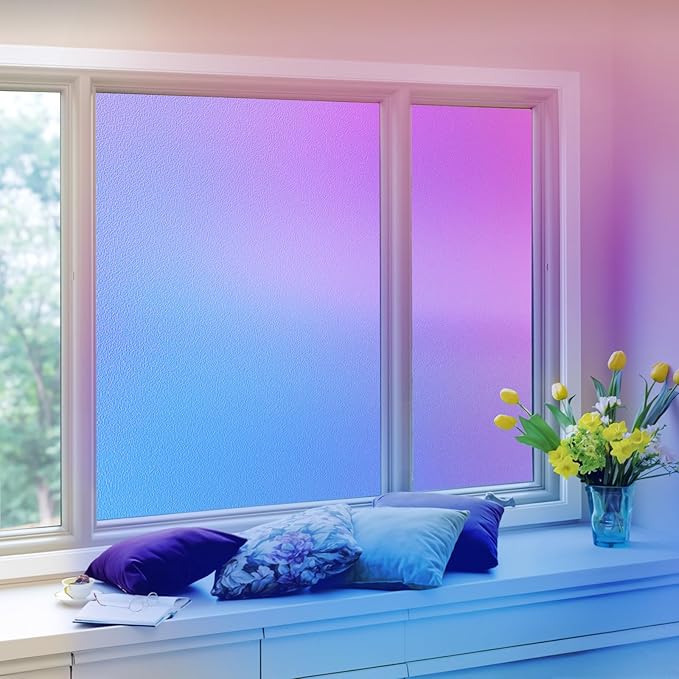Coavas Stained Glass Window Privacy Film Rainbow Frosted Decorative Static Clings, Opaque Iridescent Prism Window Decals, Sun Blocking Anti-Glare Door Coverings(17.5 x 118.1 Inch, Colorful)