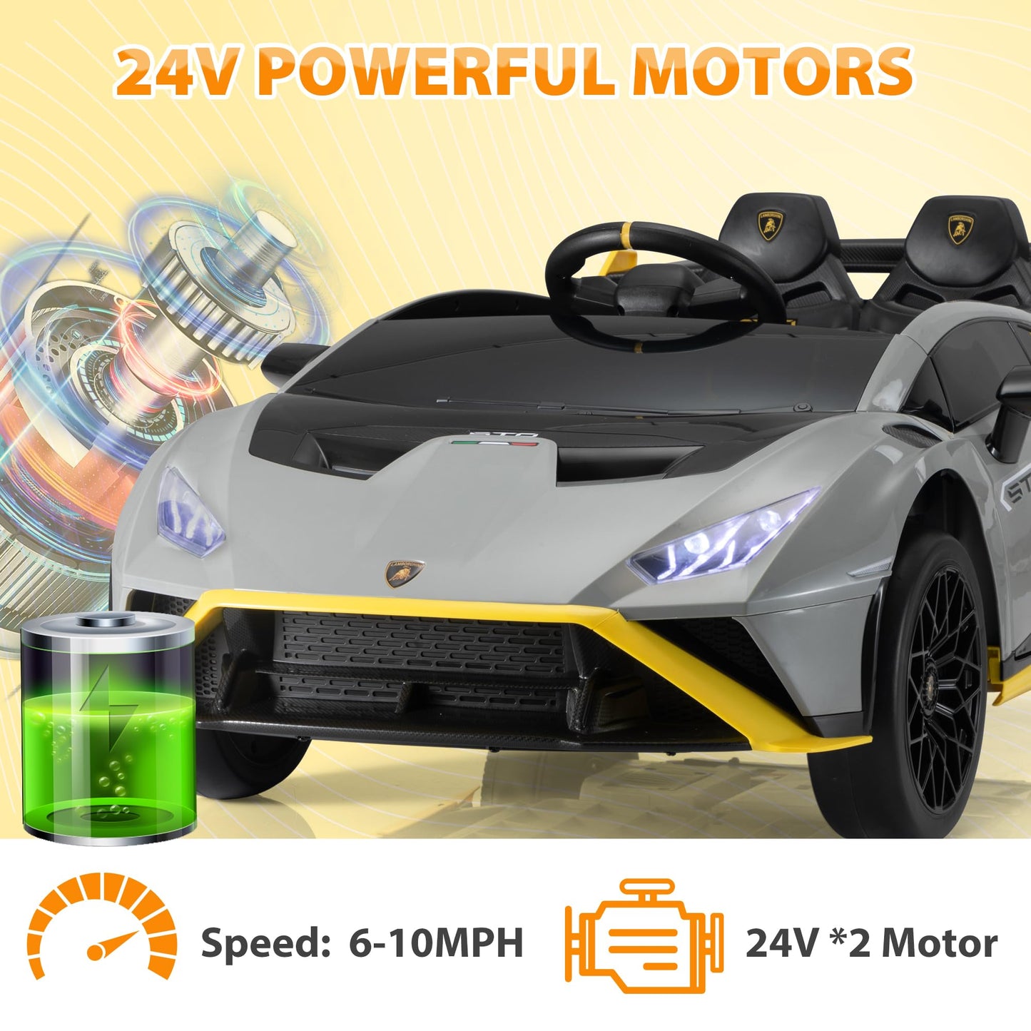 TOBBI Kids Ride on 24V Licensed Lamborghini STO Electric Car for Kids 3-6 Battery Powered Ride on Toys Lambo Sports Car with Remote Control Motorized Drift Vehicle High Speed 10km/h, Gray