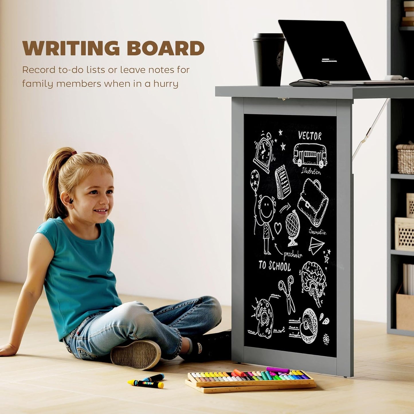 HOMCOM Fold-Out Convertible Writing Table, Wall Mount Desk Cabinet with Blackboard and Side Shelf Multi-Function Home Office Workstation, Charcoal Gray