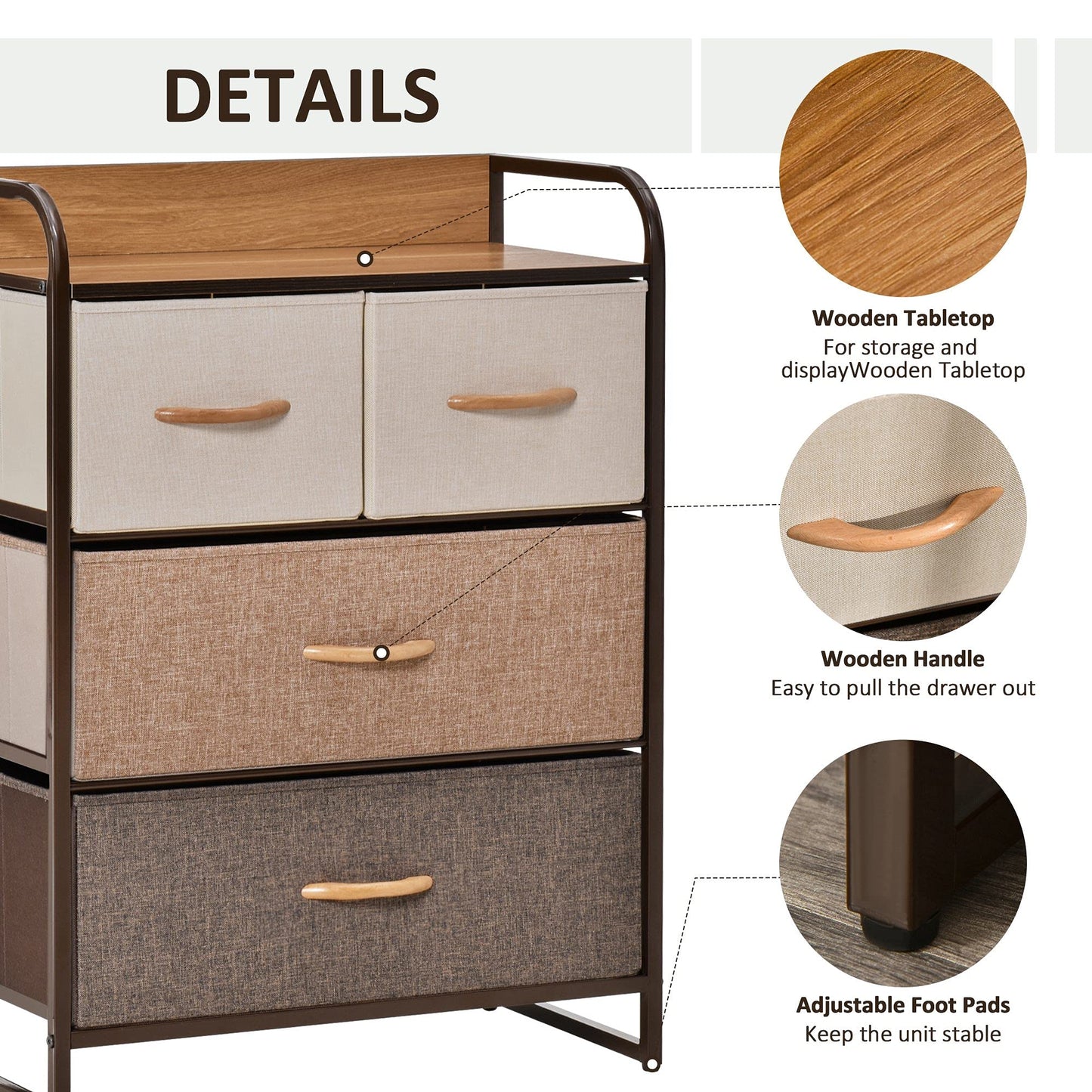 HOMCOM 4-Drawer Dresser, Fabric Chest of Drawers, 3-Tier Storage Tower with Steel Frame and Wooden Top for Bedroom, Nursery Room, Multicoloured