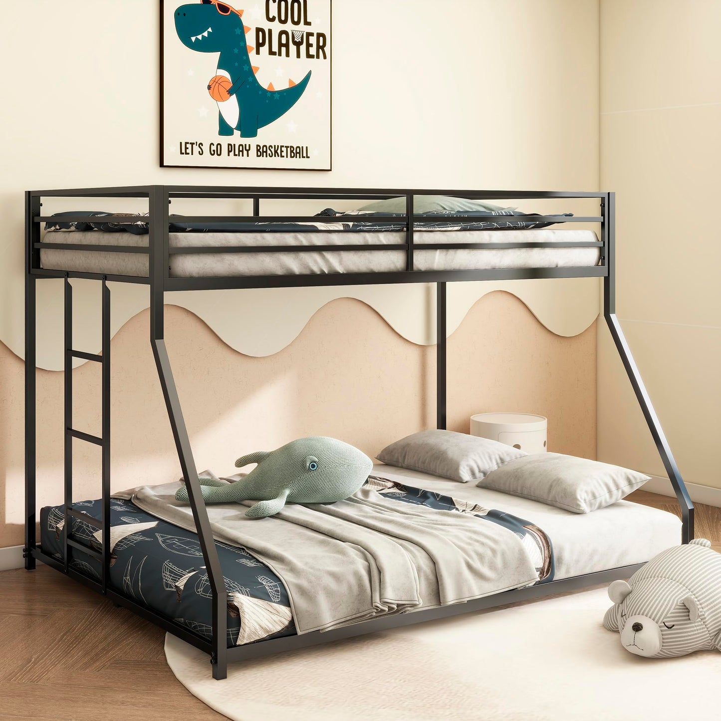 Bunk Bed Twin Over Full Size,54-inch High Metal Low Bunk Bed Frame with 11-inch High Guard Rails,Silent Footrest,Removable Mounted Bed Ladder,Perfect for Home and Dorms,Bunk Beds for Hostels,Black