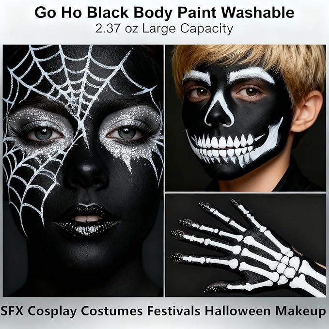 Go Ho Black Face Body Paint Washable(2.37oz/pc),Water Based Cream Face Paint,Vampire Skeleton Zombie Clown Makeup,Black Body Paint for SFX Cosplay Costumes Festivals Halloween Makeup