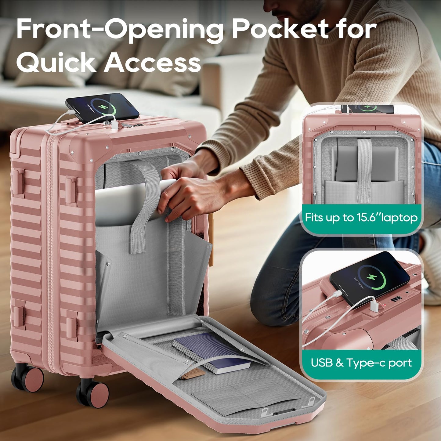 Joyway 20 Inch Carry on Luggage with Front Pocket, PC Hardshell Carry-on Suitcase with USB Port and Cup Holder, 21.5x14.2x9 Airline Approved, Luggage with Spinner Wheels and TSA Lock (Rosa Gold)