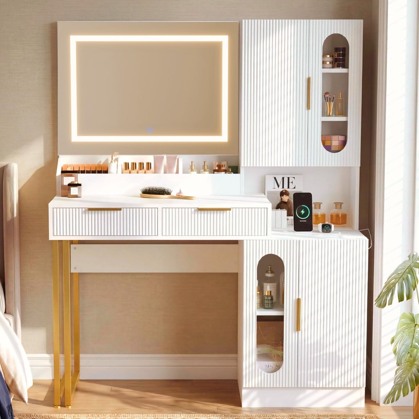 IDEALHOUSE Fluted Vanity Desk with Mirror and Lights, 45" Makeup Vanity with Large Cabinets, Drawers, Dressing Table with 3 Color Lighting Modes, Built-in Charging Station for Bedroom, White
