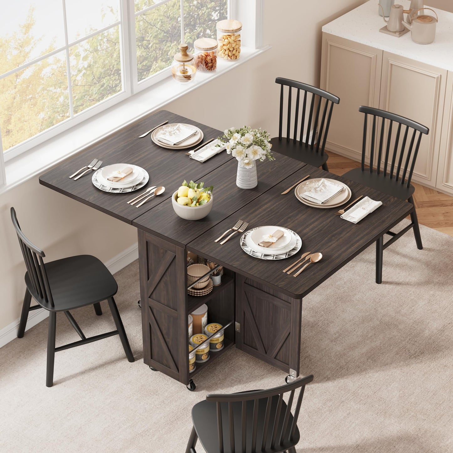 Jocoevol Space Saving Folding Dining Table, Farmhouse Foldable Dining Table with Drawer and 2-Layer Storage Shelf, 6 Wheels Multipose Expandable Kitchen Drop Leaf Table for Small Space (Dark Walnut)