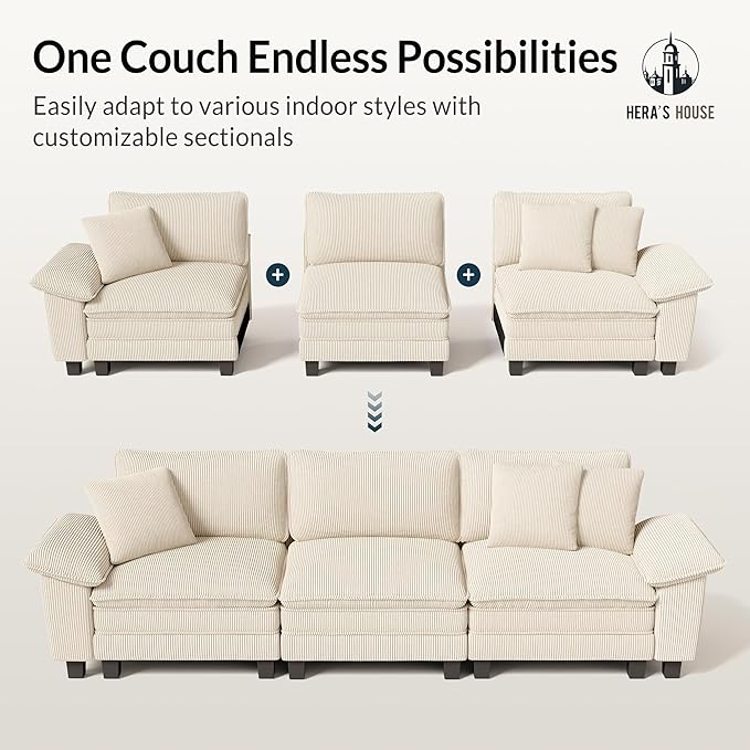HERA'S HOUSE 158" Modular Sectional Sofa, Oversized L Shaped Couches for Living Room, Comfy Cloud Couch with Ottoman, 5-Seater Deep Seat Sofa with Throw Pillow, Corduroy Beige