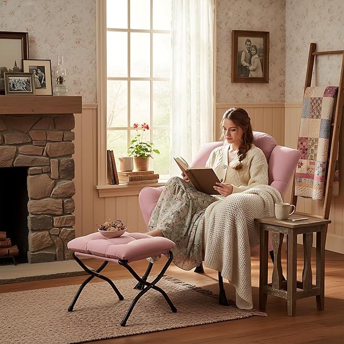 Furlide Lazy Chair with Ottoman, Modern Lounge Chair with Lumbar Pillow, Accent Cozy Reading Armchair and Folding Footstool for Bedroom, Dorm, Living Room,Pink