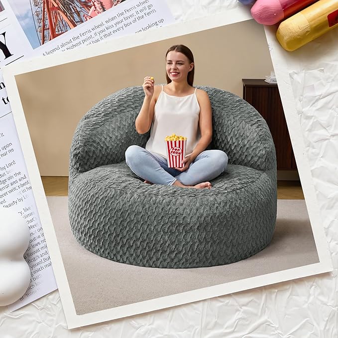 Hobestluk Bean Bag Chair Giant Bean Bag Chairs for Adults Big Bean Bag Chair with Memory Foam Filler Adults Large Beanbag with Faux Fur Cover for Bedroom (Chevron Grey,Oversize)