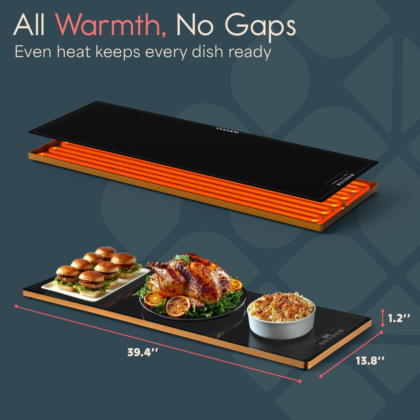 Culvani ThermaPlate XL Warming Tray | 39"x14" Glass Electric Food Warmer for Parties, Buffets & Dinners | 1" Thin Countertop Hot Plate, | Adjustable Presets, Sleek Touch Controls, Safe Design