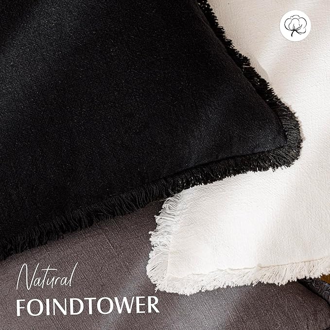 Foindtower Set of 2 Decorative Linen Fringe Throw Pillow Covers Cozy Boho Farmhouse Cushion Cover with Tassels Soft Accent Pillowcase for Couch Sofa Bed Living Room Home Decor, 22×22 Inch, Black