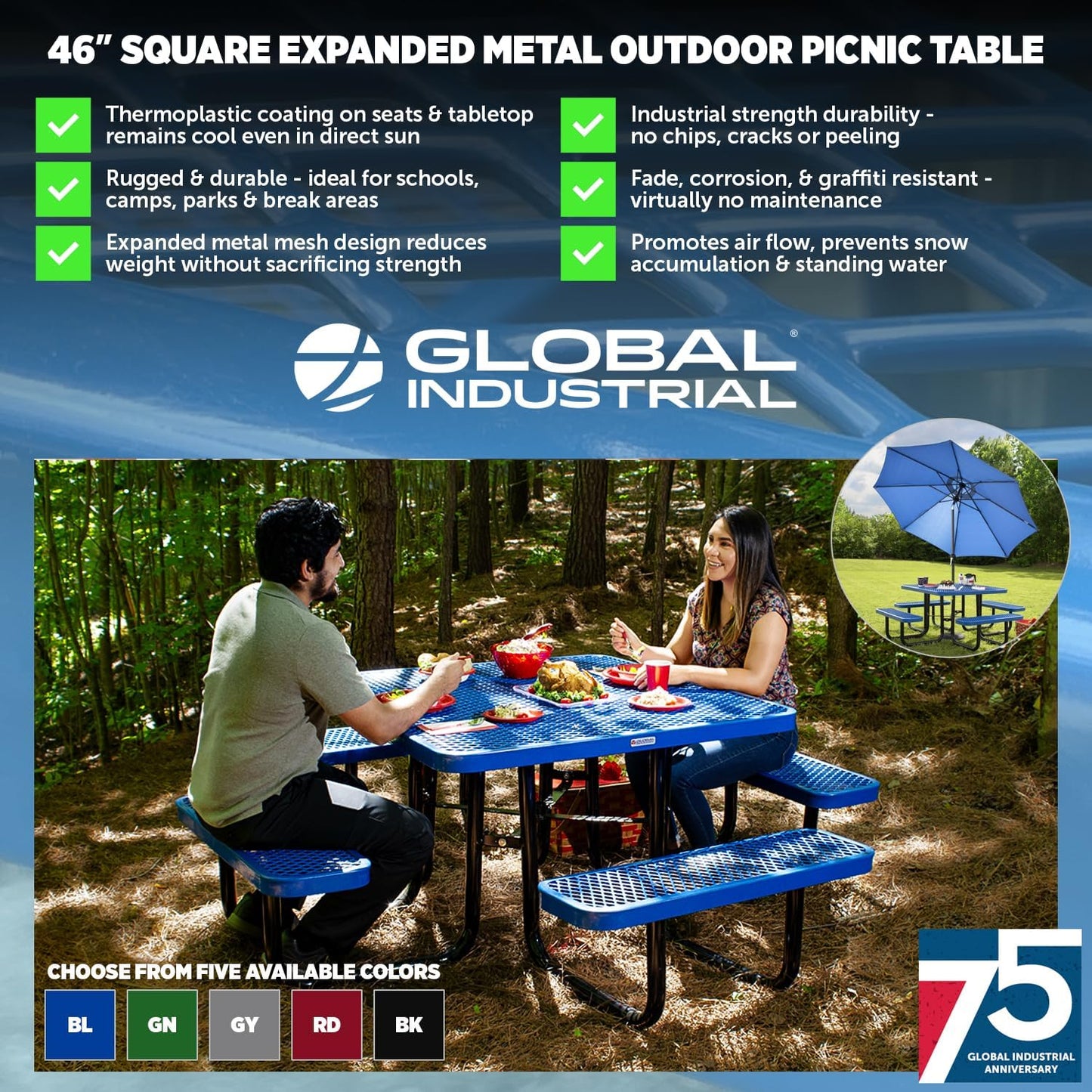 Global Industrial 46" Square Picnic Table, Expanded Metal, Blue Thermoplastic Coating, Attached Benches, 1-1/2” Umbrella Pole Hole, Outdoor-Rated, 1000 lb Capacity