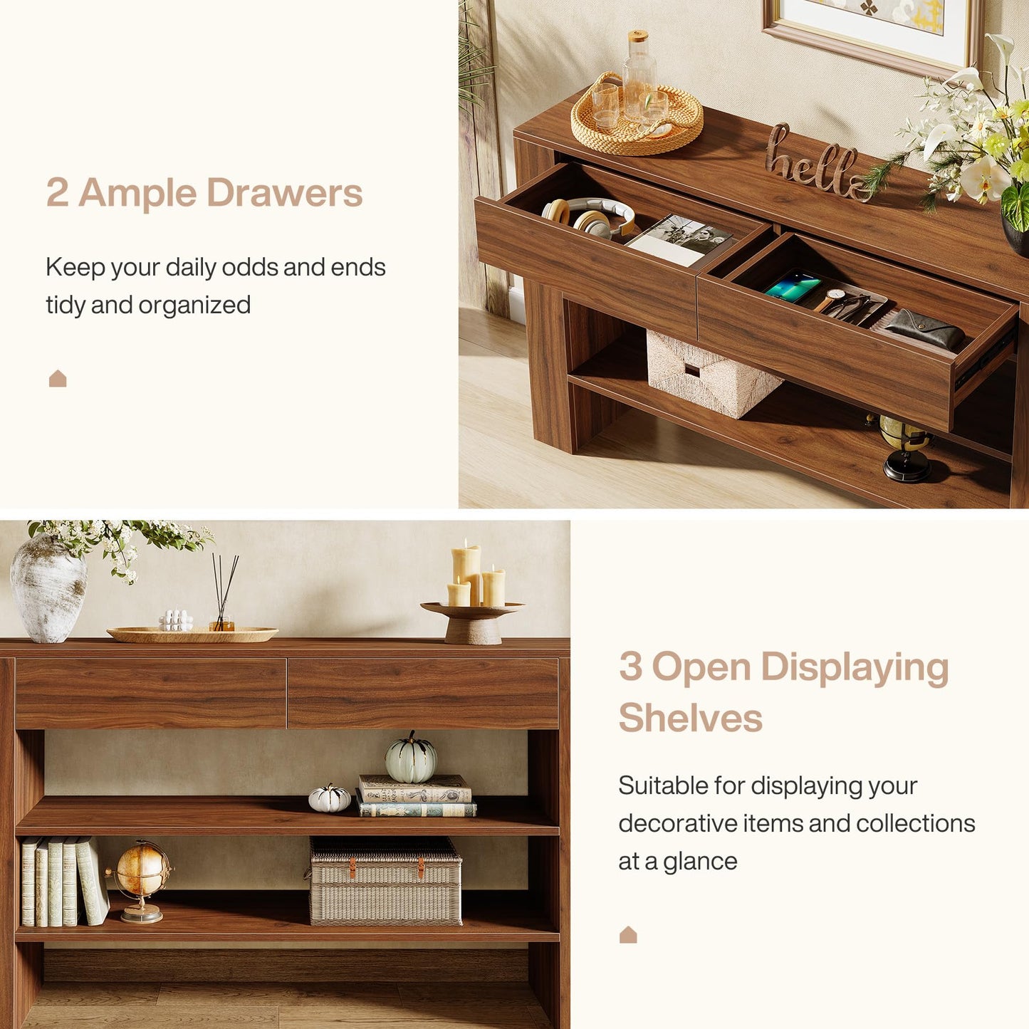 Tribesigns 53.15-Inch Console Table with 2 Drawers, 3-Tier Entryway Table with Storage for Living Room, Sofa Console Behind The Couch for Foyer, Hallway, Entrance (Dark Walnut)