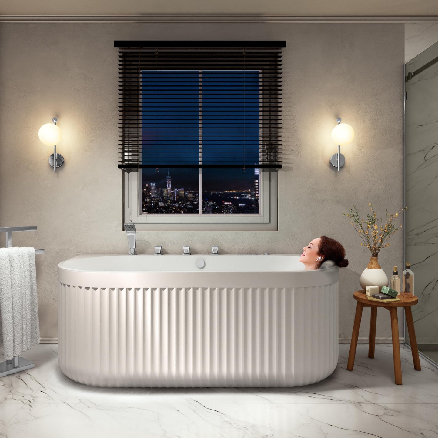 ANZZI Stone Bell 67" x 32" Freestanding Bathtub, Center Drain | Flat Bottom Tub with Air and Whirlpool Massage Jets, Lights, 5-Piece Faucet, 92 Gallon Free Standing Tub - White and Chrome