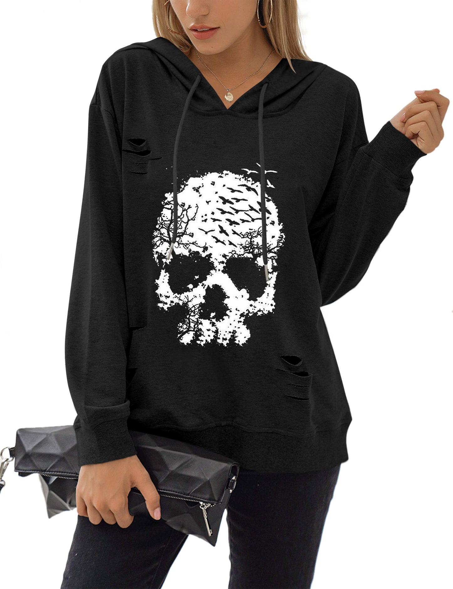 Blooming Jelly Women's Halloween Sweatshirts Skull Graphic Hoodies Long Sleeve Pullover Gothic Fall Trendy Outfits 2024 (Large, Black Hoodie-2)