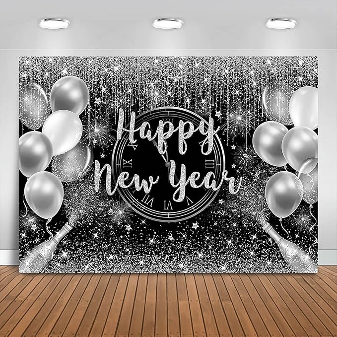 Fitumiw Happy New Year Backdrop 7x5ft Black and Silver Glitter Cheers to The New Year Party Decorations Background 2026 Ne...