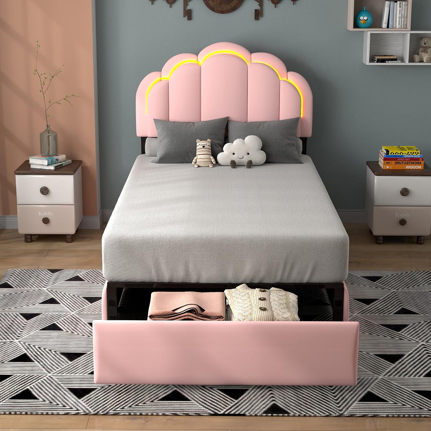 yenlacy Twin Upholstered LED Bed Frame with Storage Drawer, Cute Girls Bed with Petal-Shaped Headboard, Velvet Princess Platform Bed Frame, Metal Slats Support, No Box Spring Needed, Pink