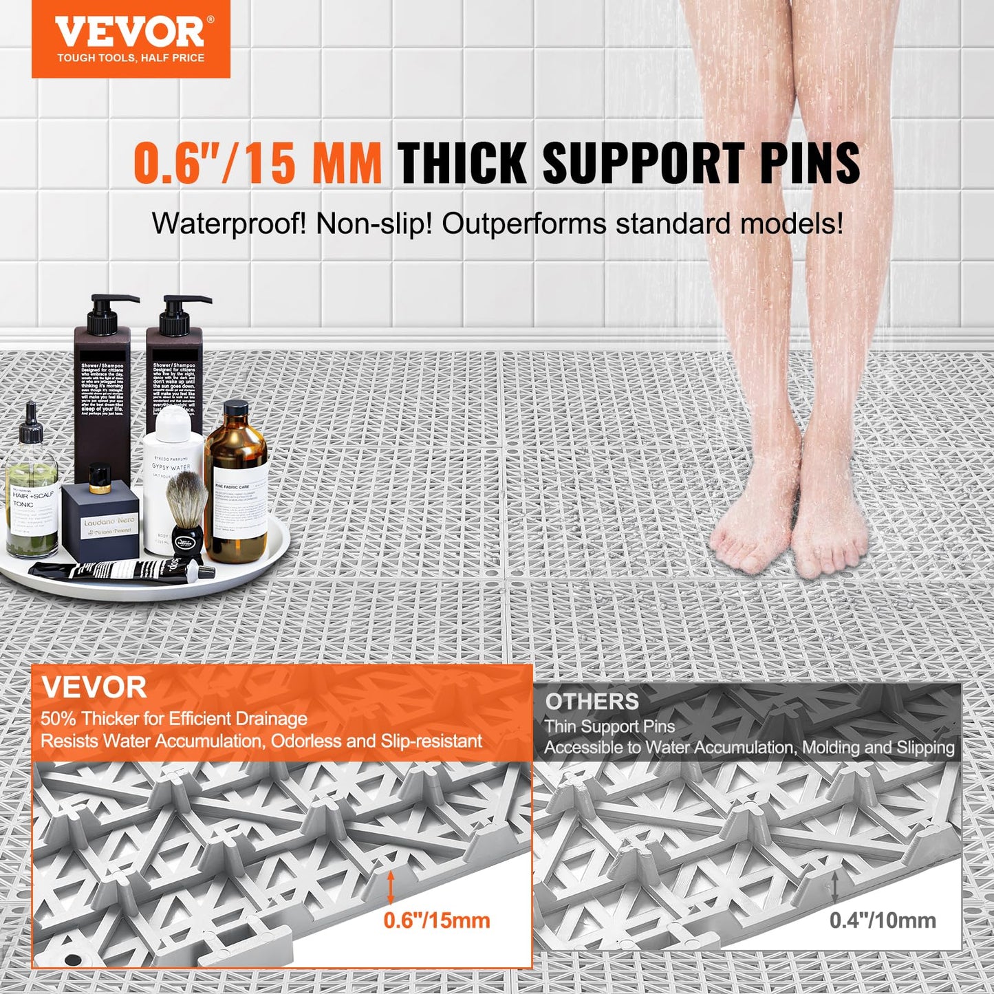 VEVOR Modular Interlocking Cushion, 50 Pack 12" x 12" Splicing Drainage Mats, Soft PVC Interlocking Drainage Floor Tiles, Non-Slip Drainage Holes for Restroom, Bathroom, Kitchen, Pool, Wet Areas, Gray